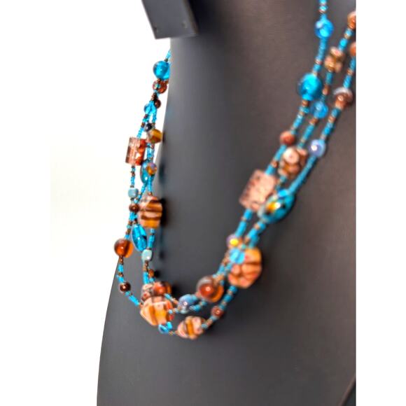 Millefiori Glass Lampwork Aqua Brown Bead Multi-Strand 17"-21" Necklace - Picture 2 of 7